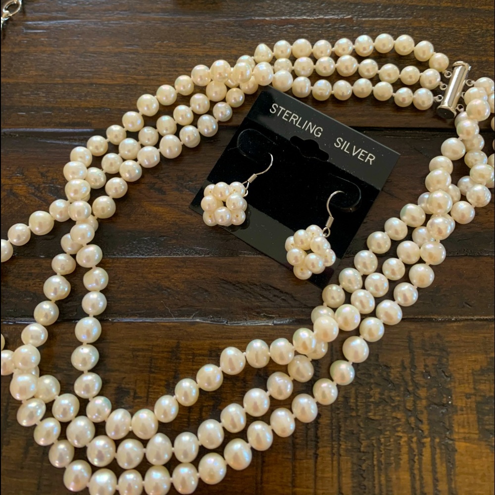 Real pearl 3 Strand necklace and earring set